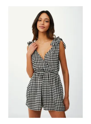 Tie Shoulder Gingham Crinkle Playsuit 