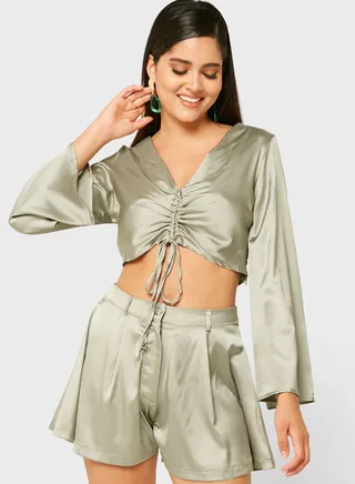 Ruched Tie Front Crop Top 