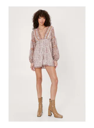 Floral Print Plunge Lace Trim Playsuit 