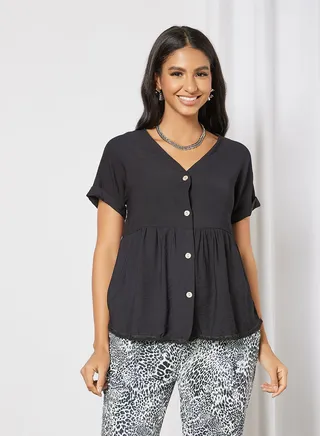 Button Down Printed Blouse Black 