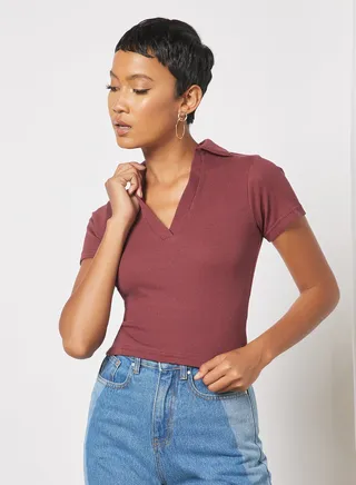 Collar Neck Crop Top Purple 