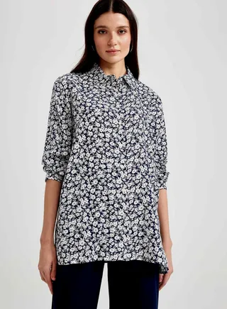 Button Down Tunic Printed Shirt 