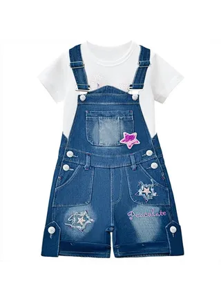 5-10Years Little&Big Summer 2pcs Clothing Set Star White Short T Shirt and Denim Rompers Shortalls (6-7Years) 