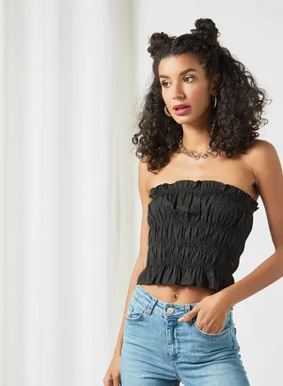 Bandeau Shirred Crop Top Black 