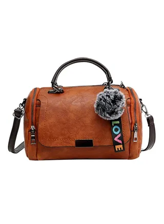 Leather Flap Closure Satchel Bag Brown 