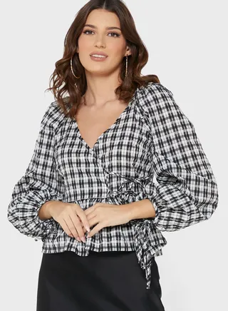 Checked Tie Detail Crop Top 