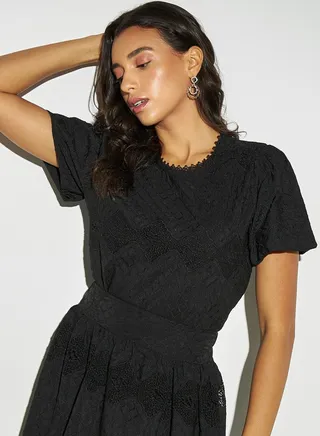 2Xtremz Lace Detail Round Neck Top with Balloon Sleeves 