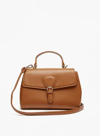 Womens Solid Satchel Bag with Detachable Strap and Flap Closure