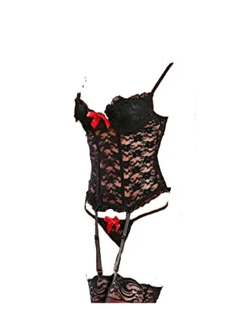 Lace Floral Strap V Neck Rompers Babydoll Bustier with Garters And Stockings. 