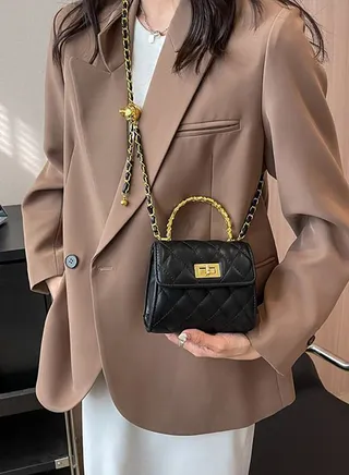 Quilted Square Handbag with Turnlock Closure