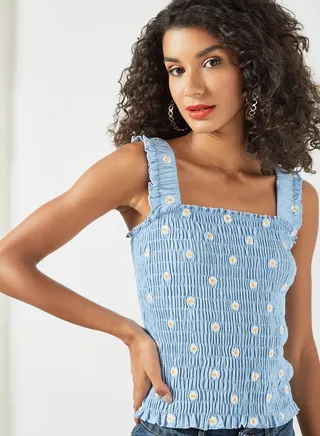 Shirred Floral Print Top Blue 
