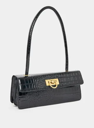 Textured Flap Over Rectangle Bag with Push Lock