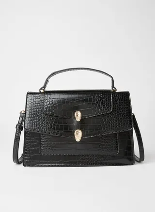 Women's Textured Detail Flap Closure Satchel Black 