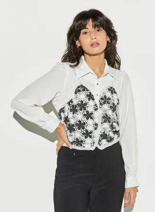 2Xtremz Floral Lace Overlay Shirt with Pearl Embellishments 