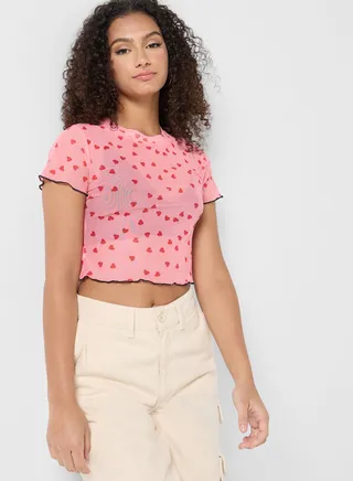Round Neck Sheer Printed Top 