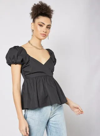 Puff Sleeve Wrap Blouse Black 