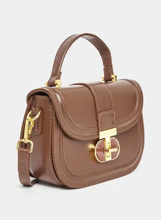Metal Flap Accent Handbag with Strap