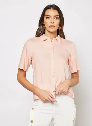 Women's Casual Retro Shirt Half Sleeves Front Open Pink 