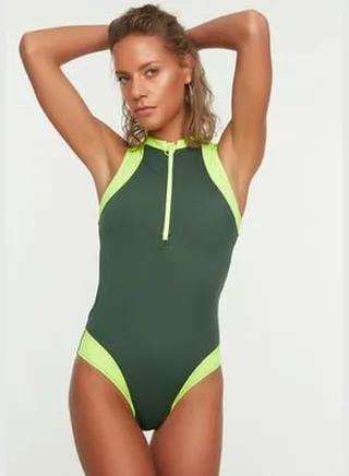 Green Halter Neck Zippered Swimsuit TBESS21MA0014