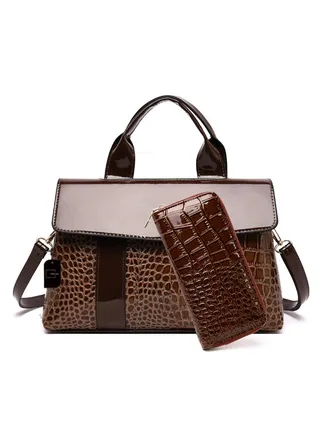 2-Piece Crocodile Pattern Satchel And Clutch Set Brown 