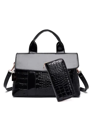 2-Piece Crocodile Pattern Satchel And Clutch Set Black 