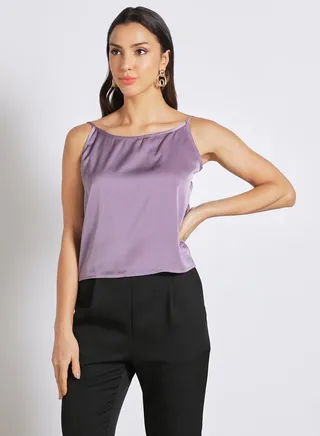 Women's Polyester Straps Sleeveless Bare Back Solid Camisole With Boat Neck Purple 