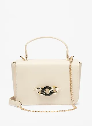 Womens Solid Satchel Bag with Metallic Accent and Chain Strap