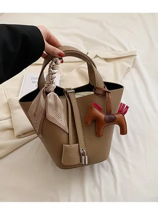 Patchwork Pendant Decor Simple Design Satchel Bag Include Pony Pendant and Silk Scarf 