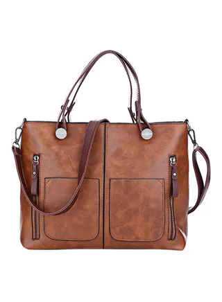 Zipper Closure Shoulder Bag Brown 