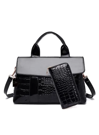 2-Piece Crocodile Pattern Satchel And Clutch Set Black 