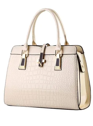 Crocodile Print Solid Colour Trendy Satchel Handbag Beige 