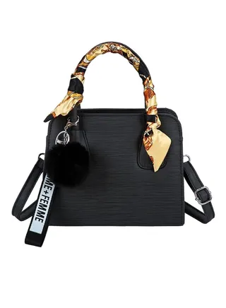 Detachable Strap Zipper Closure Satchel Bag Black/Gold 