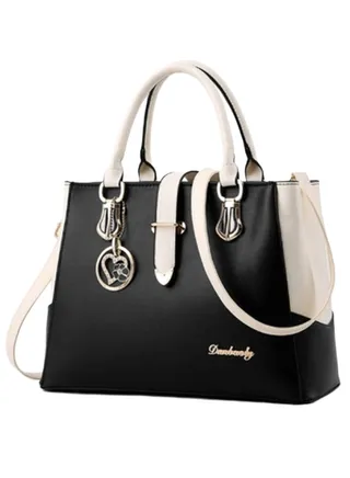 Solid Pattern Satchel Bag With Keychain Black/White 