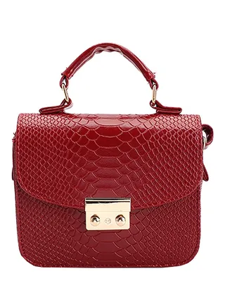 Leather Flap Closure Satchel Bag Burgundy 
