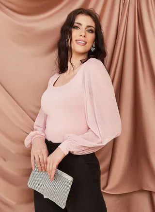 Square Neck Mesh Sleeve Fitted Knit Bodysuit 