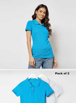 Women Pack of 2 T-Shirts Polo Neck Short Sleeves With Button Placket in Bio washed Premium Cotton Ibiza Blue/Grey Melange 