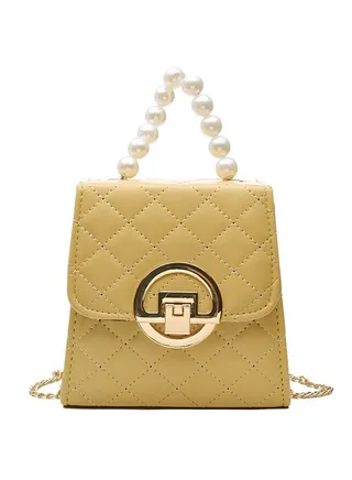 Versatile Vintage Pearl Decor Solid Color Stylish Bag Yellow 