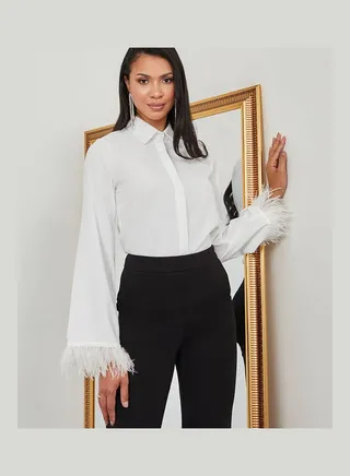 Faux Feather Trim Concealed Placket Regular Fit Shirt 