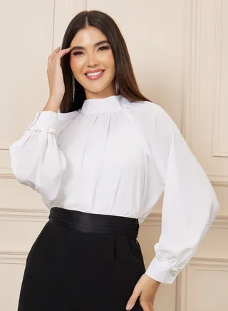 Solid Pearl Detail Tie Up High Neck Blouse