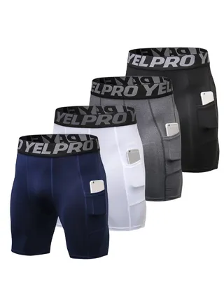 4-Piece Compression Sport Pocket Shorts Set Dark Blue/Grey/Black/White 