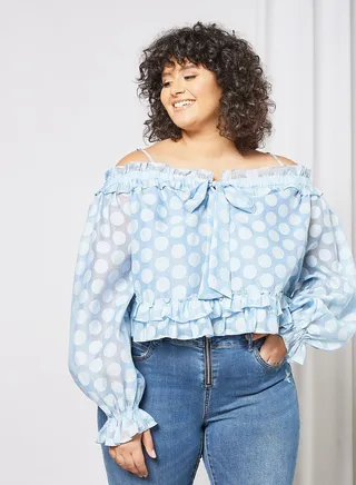 Plus Size Polka Dot Print Blouse Blue 