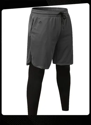 Men's Sports Trousers Fake Two-piece Double-layer Multi-pocket High Elastic Quick Drying Sweat-wicking Breathable Causal Running Fitness Shorts Grey 