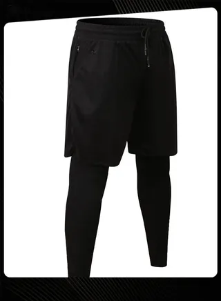 Men's Sports Trousers Fake Two-piece Double-layer Multi-pocket High Elastic Quick Drying Sweat-wicking Breathable Causal Running Fitness Shorts Black 