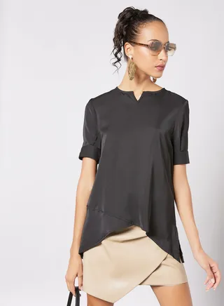 Women's Casual Short Sleeve Notched Neck Tops With Side Slit Black 