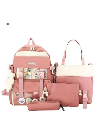 4pcs Backpack School Book Bag Set Kawaii Teddy Bear Pendant Canvas Combo Girl Student Tote 
