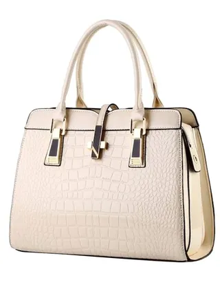 Crocodile Print Solid Colour Trendy Satchel Handbag Beige 