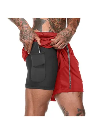 2-In-1 Compression Side Pocket Tie Belt Waist Workout Shorts Red 