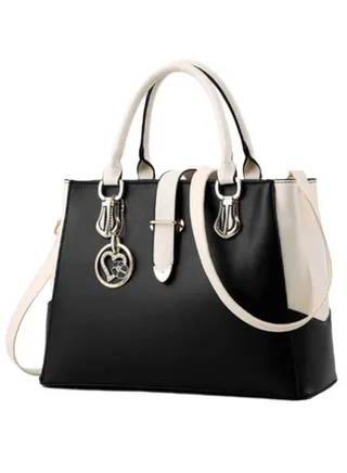 Plain Satchel Bag With Key Chain Black/White 