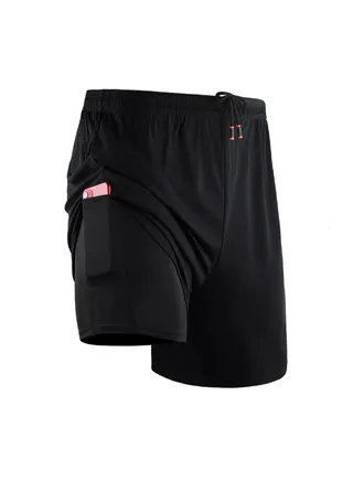 2-In-1 Compression Side Pocket Tie Belt Waist Workout Shorts Black 