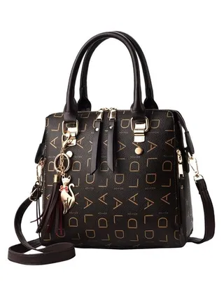 Black monogram print satchel bag with keychain 